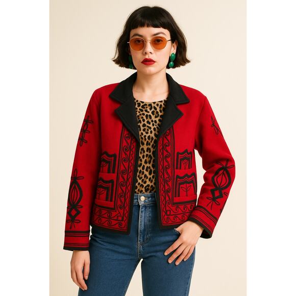 Vintage Guatemalan Wool Statement Blazer Red Black Endorsed Open Cropped Large - Picture 1 of 8